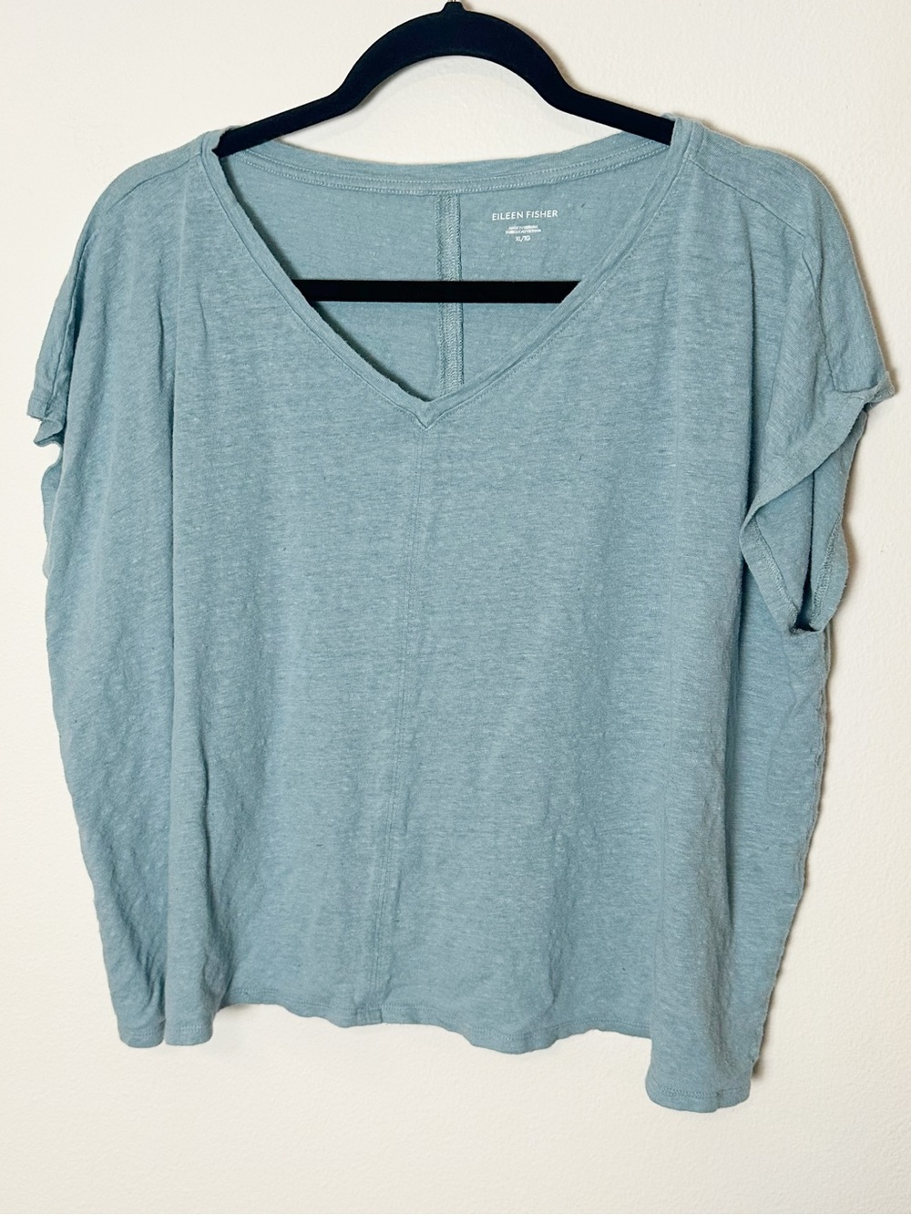 Eileen Fisher 100% Linen V Neck T Shirt Light Blue Green Extra Large